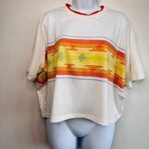 Relaxed White Short Sleeve Tee with Yellow & Orange Stripe